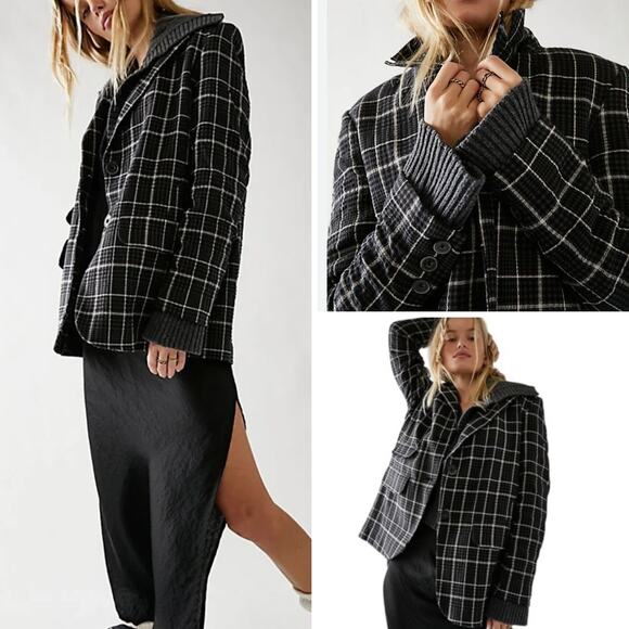 NEW FREE PEOPLE JACKET BOWIE OVERSIZED CHECK BLACK WHITE GRAY BUTTON UP ACADEMIA - Picture 1 of 15